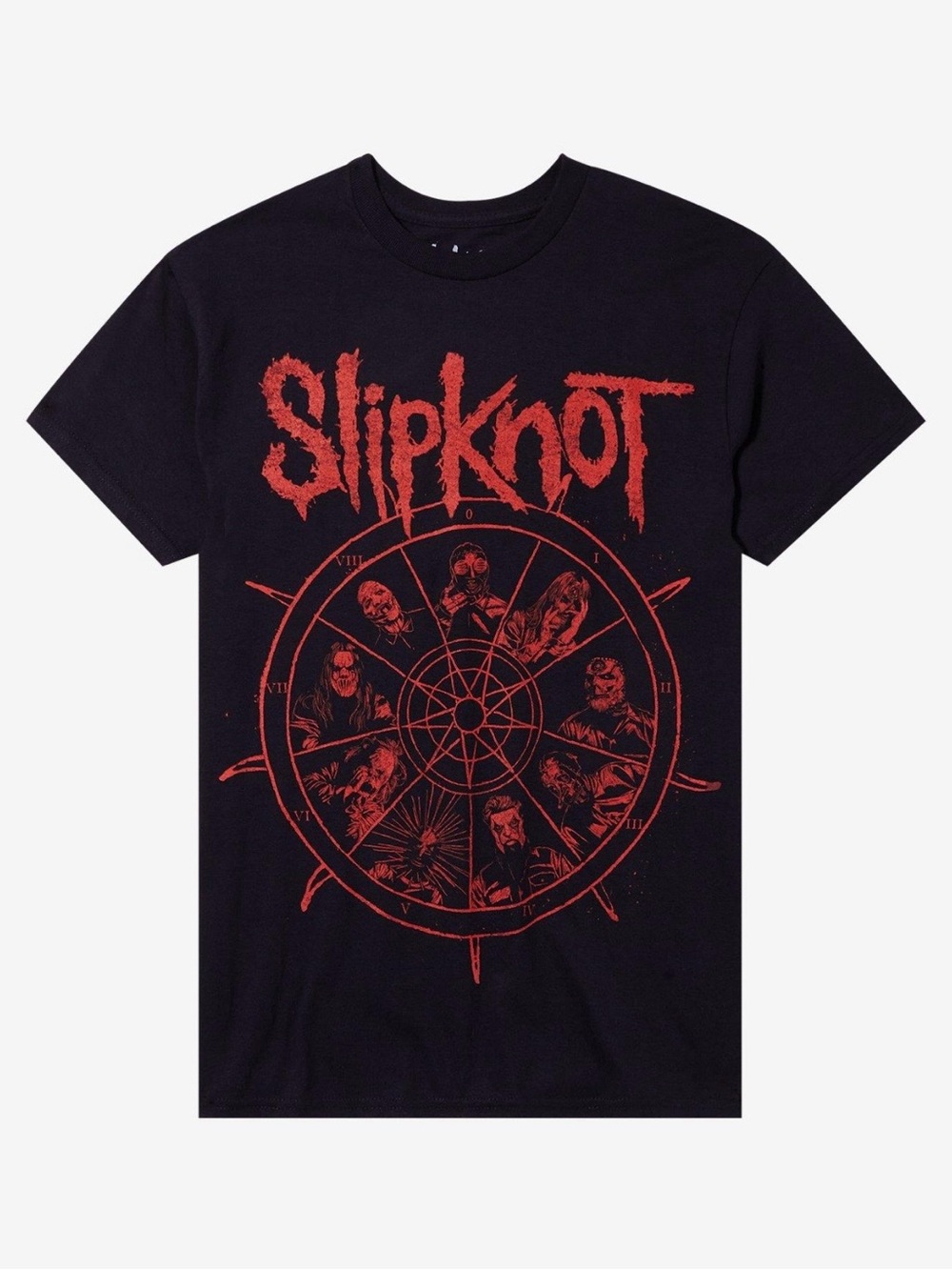 Hot Topic Black Tee with Red Slipknot Wheel Nonagram Members Graphic